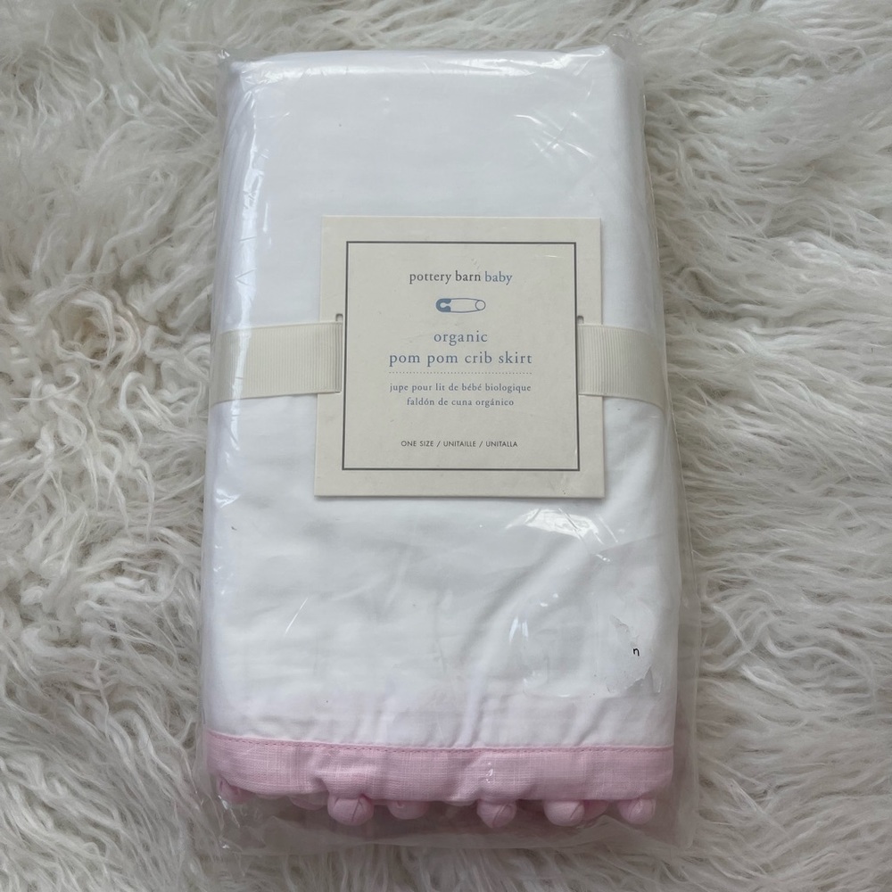 Pottery Barn Kids Baby Organic Pink Pom Pom Crib Skirt - Picture 4 of 8